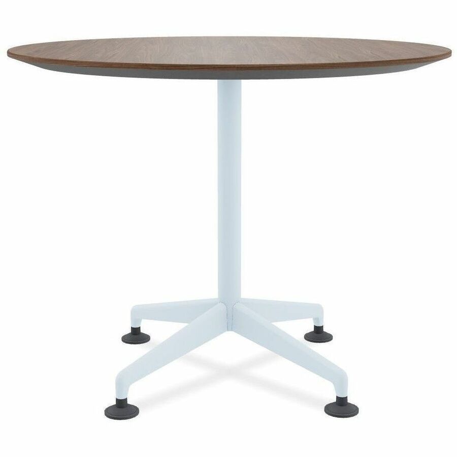 Special-T ZIA Series Round Hospitality Tables, 36" Diameter, 29" Height, Walnut High Pressure Laminate Top, Powder Coated X-Shaped Cast Aluminum and Steel Base, Mid-Century Modern Style, 6 Tables per Bundle