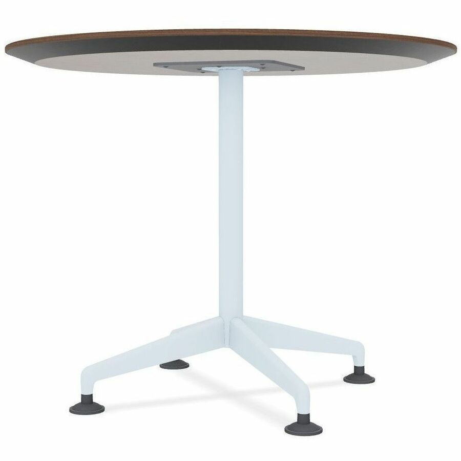 Special-T ZIA Series Round Hospitality Tables, 36" Diameter, 29" Height, Walnut High Pressure Laminate Top, Powder Coated X-Shaped Cast Aluminum and Steel Base, Mid-Century Modern Style, 6 Tables per Bundle