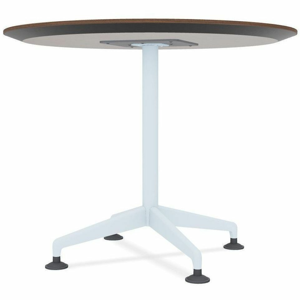Special-T ZIA Series Round Hospitality Tables, 36" Diameter, 29" Height, Walnut High Pressure Laminate Top, Powder Coated X-Shaped Cast Aluminum and Steel Base, Mid-Century Modern Style, 6 Tables per Bundle