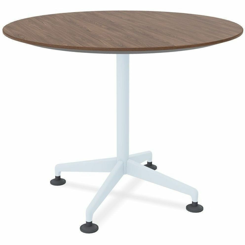 Special-T ZIA Series Round Hospitality Tables, 36" Diameter, 29" Height, Walnut High Pressure Laminate Top, Powder Coated X-Shaped Cast Aluminum and Steel Base, Mid-Century Modern Style, 6 Tables per Bundle