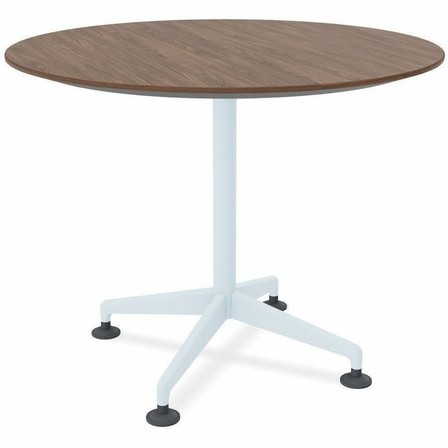 Special-T ZIA Series Round Hospitality Tables, 36" Diameter, 29" Height, Walnut High Pressure Laminate Top, Powder Coated X-Shaped Cast Aluminum and Steel Base, Mid-Century Modern Style, 6 Tables per Bundle