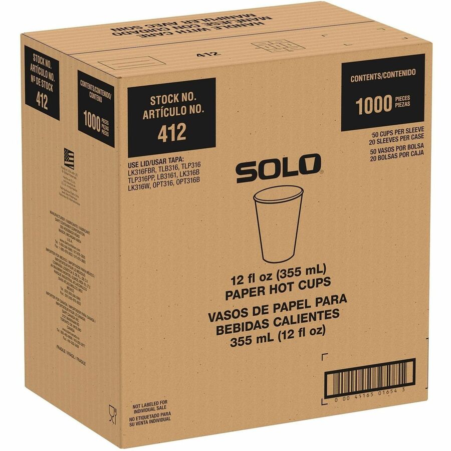 Solo Cup Recycled Content Paper Hot Cups - 12 fl oz - Leak Proof, Snap Fit Closure - White - Paper - Hot Drink, Coffee, Cappuccino, Tea, Hot Chocolate, Office - Recycled - 50 / Pack