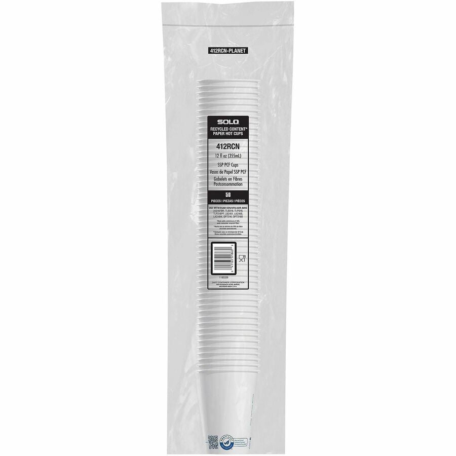 Solo Cup Recycled Content Paper Hot Cups - 12 fl oz - Leak Proof, Snap Fit Closure - White - Paper - Hot Drink, Coffee, Cappuccino, Tea, Hot Chocolate, Office - Recycled - 50 / Pack