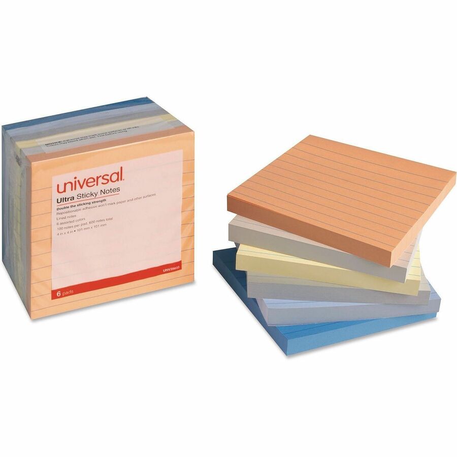 Universal Note Pad - 600 x Assorted - 4" Flag/Note Width x 4" Flag/Note Length - Square - 100 Sheets per Pad - Ruled - Gray, Yellow, Blue Aura, Circular Gray, Peach, Tranquil Blue - Paperboard - Self-stick, Adhesive, Sticky - 6 Pads/Pack - 1 Pack
