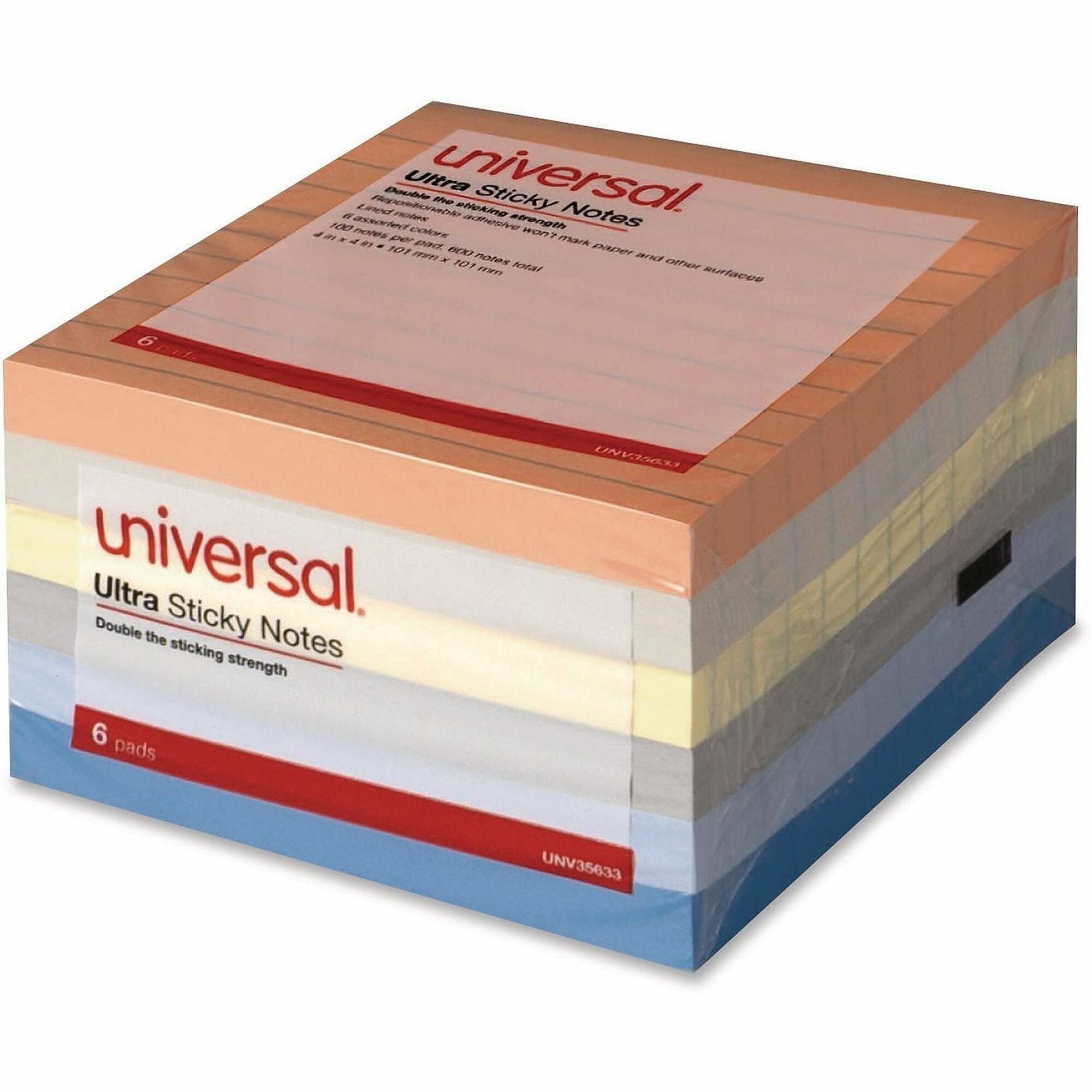 Universal Note Pad - 600 x Assorted - 4" Flag/Note Width x 4" Flag/Note Length - Square - 100 Sheets per Pad - Ruled - Gray, Yellow, Blue Aura, Circular Gray, Peach, Tranquil Blue - Paperboard - Self-stick, Adhesive, Sticky - 6 Pads/Pack - 1 Pack