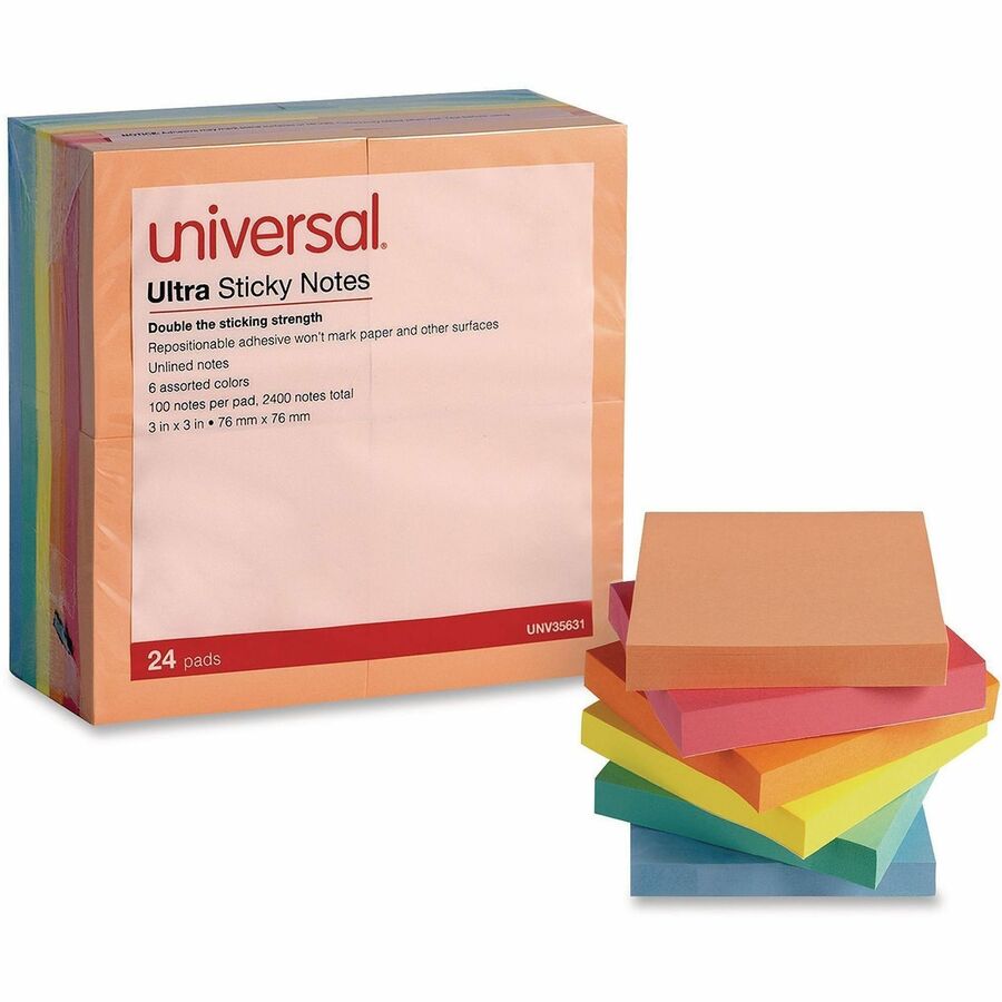 Universal Note Pad - 2400 x Assorted - Square - 100 Sheets per Pad - Ruled - Gray, Yellow, Blue Aura, Circular Gray, Tranquil Blue, Peach - Paper - Self-stick, Adhesive, Sticky - 24 /PadsPack - 1 Pack