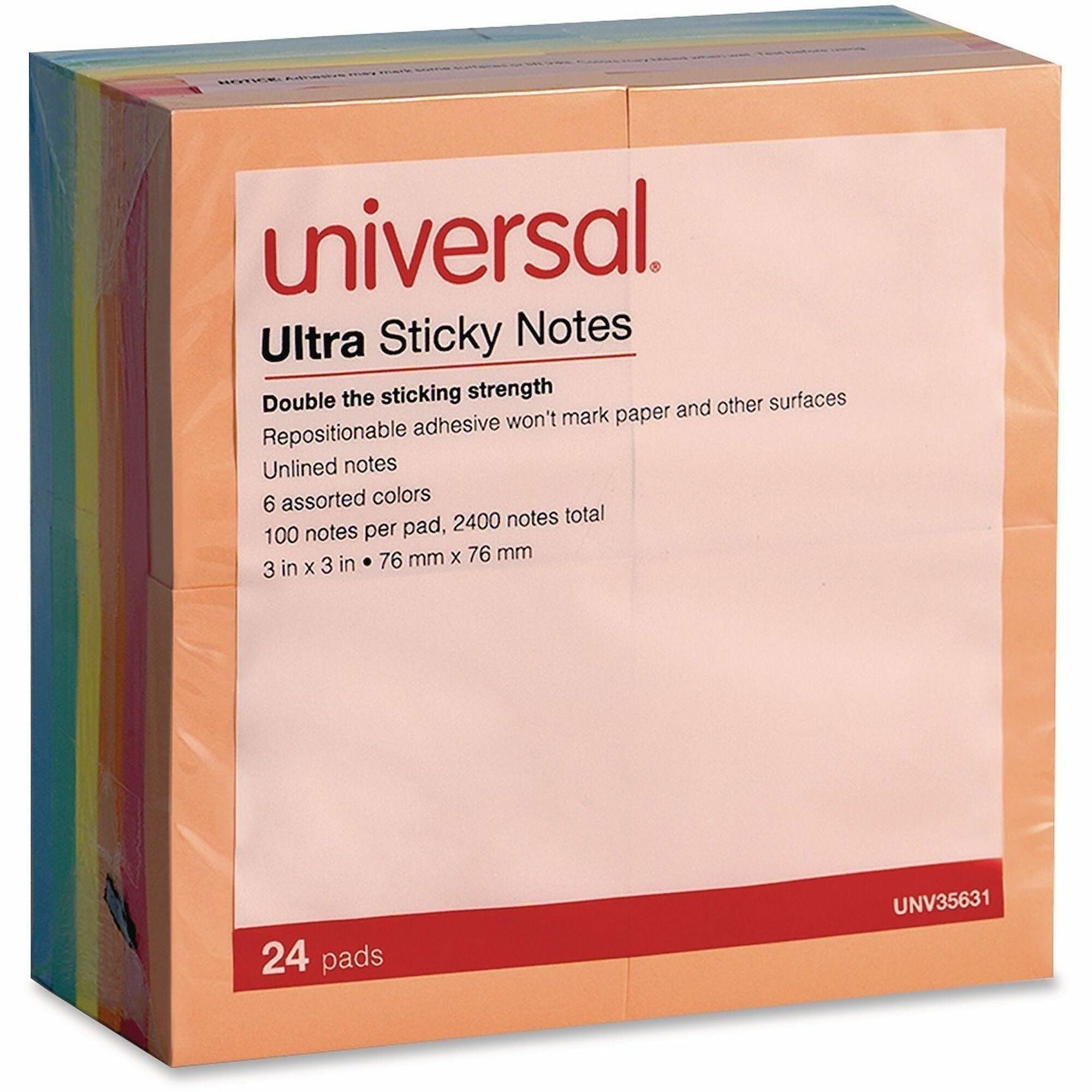 Universal Note Pad - 2400 x Assorted - Square - 100 Sheets per Pad - Ruled - Gray, Yellow, Blue Aura, Circular Gray, Tranquil Blue, Peach - Paper - Self-stick, Adhesive, Sticky - 24 /PadsPack - 1 Pack