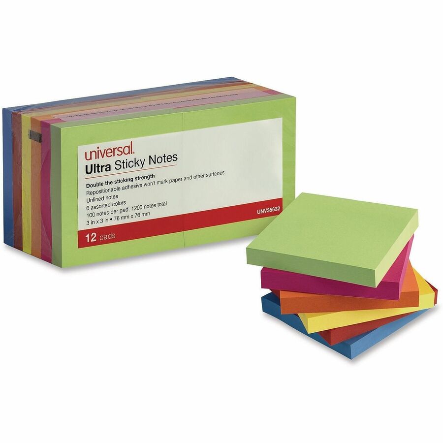 Universal Note Pad - 1200 x Assorted - Square - 100 Sheets per Pad - Ruled - Gray, Yellow, Blue Aura, Circular Gray, Tranquil Blue, Peach - Paper - Self-stick, Adhesive, Sticky - 12 /PadsPack - 1 Pack