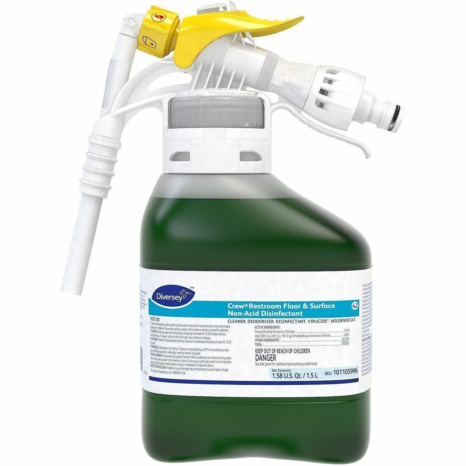 For Multi Surface, Multipurpose - Concentrate - Liquid - 50.7 fl oz (1.6 quart) - 6 to 8 pH - Fresh Scent - Deodorize, Disinfectant, Rinse-free, Virucidal, Mildewstatic - Green - 2 / Carton