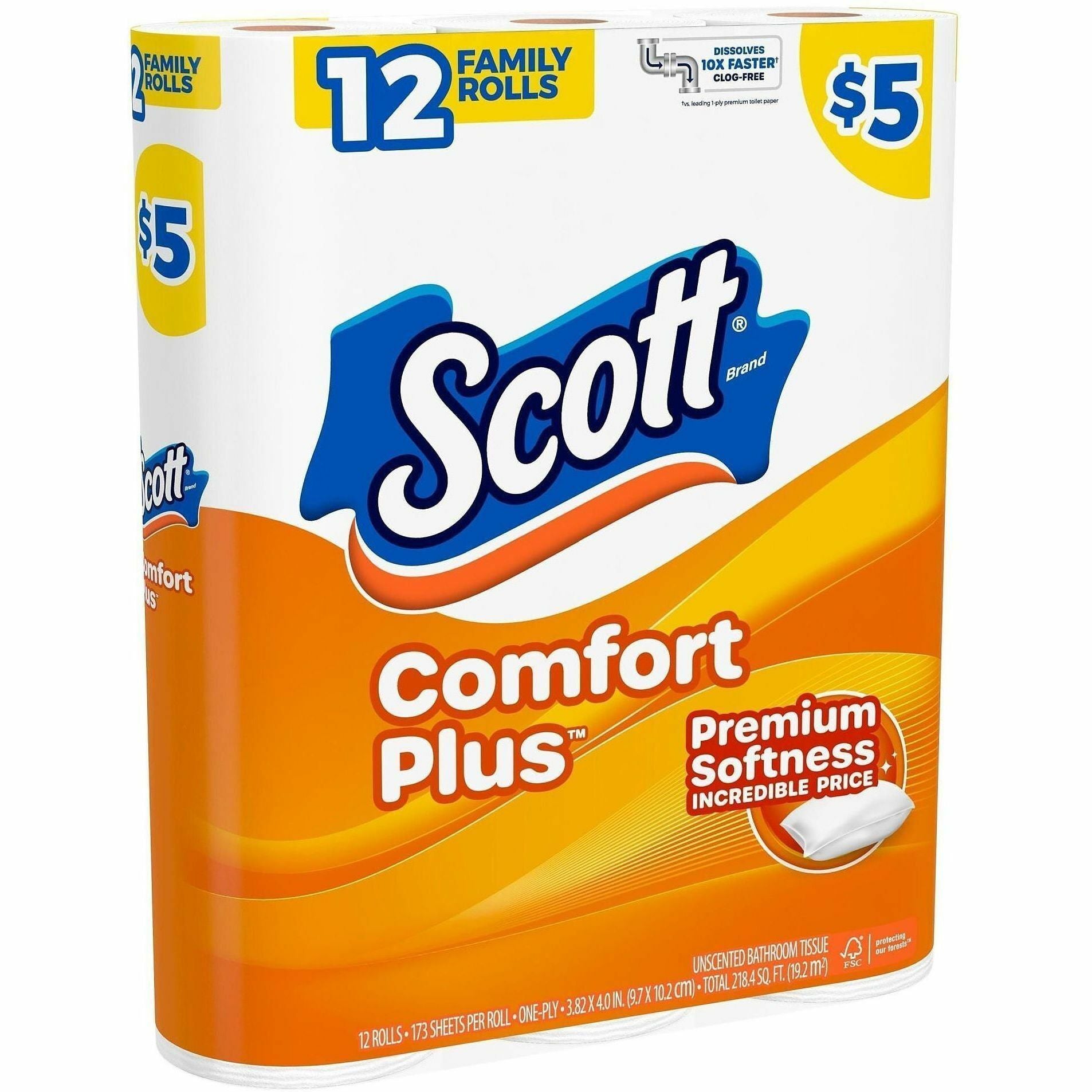 Scott ComfortPlus Toilet Paper - 1 Ply - 173 Sheets/Roll - White - Paper, Plush - 12 / Pack