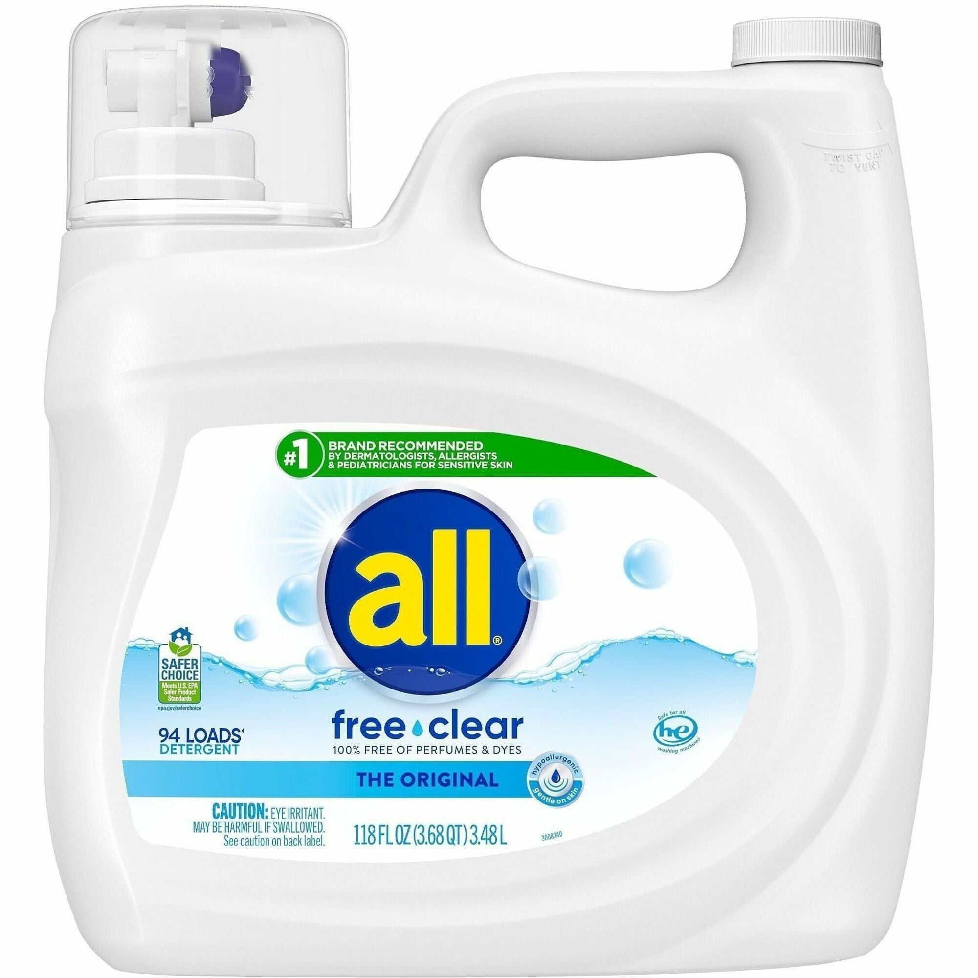 all Free Clear Liquid Laundry Detergent, Liquid, 118 fl oz (3.7 quart), 94 Loads, Skin-friendly, Hypoallergenic, Dye-free, Unscented, Fragrance-free, Phosphate-free, Clear, 1 Each