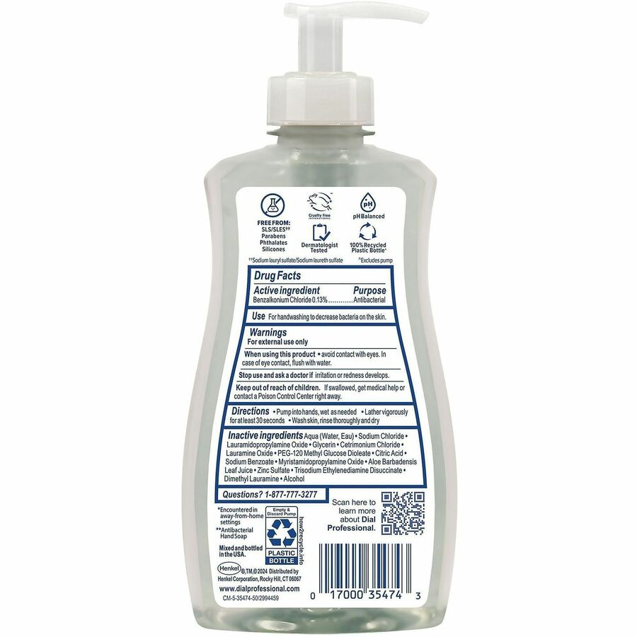 Dial Professional Scent-Free Sensitive Antibac. Hand Soap - Fragrance-free Scent - 11 fl oz - Pump Dispenser - Bacteria Remover - Hand, Skin - Antibacterial - Clear - Cruelty-free - 1 Each