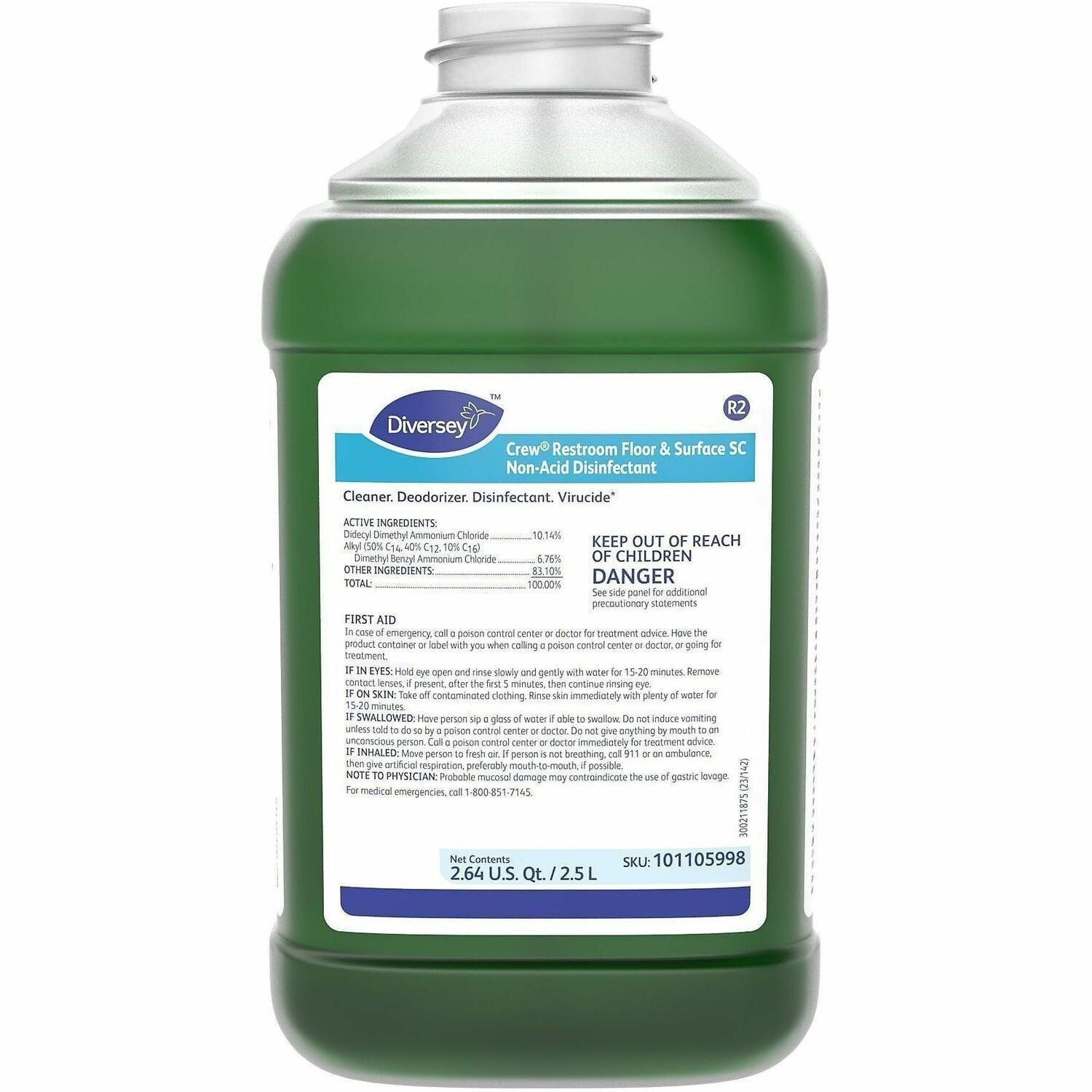 Diversey Crew Restroom Disinfectant Cleaner, Concentrate, Liquid, Fresh Scent, Green, 84.5 fl oz (2.6 qt), 2 per Carton