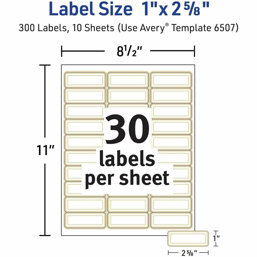 x 1" Width x 2 5/8" Length - Permanent Adhesive - Inkjet, Laser - Matte White - Metallic Gold Border - Reflective, Smudge-free - For Label Printer - 300 / Pack