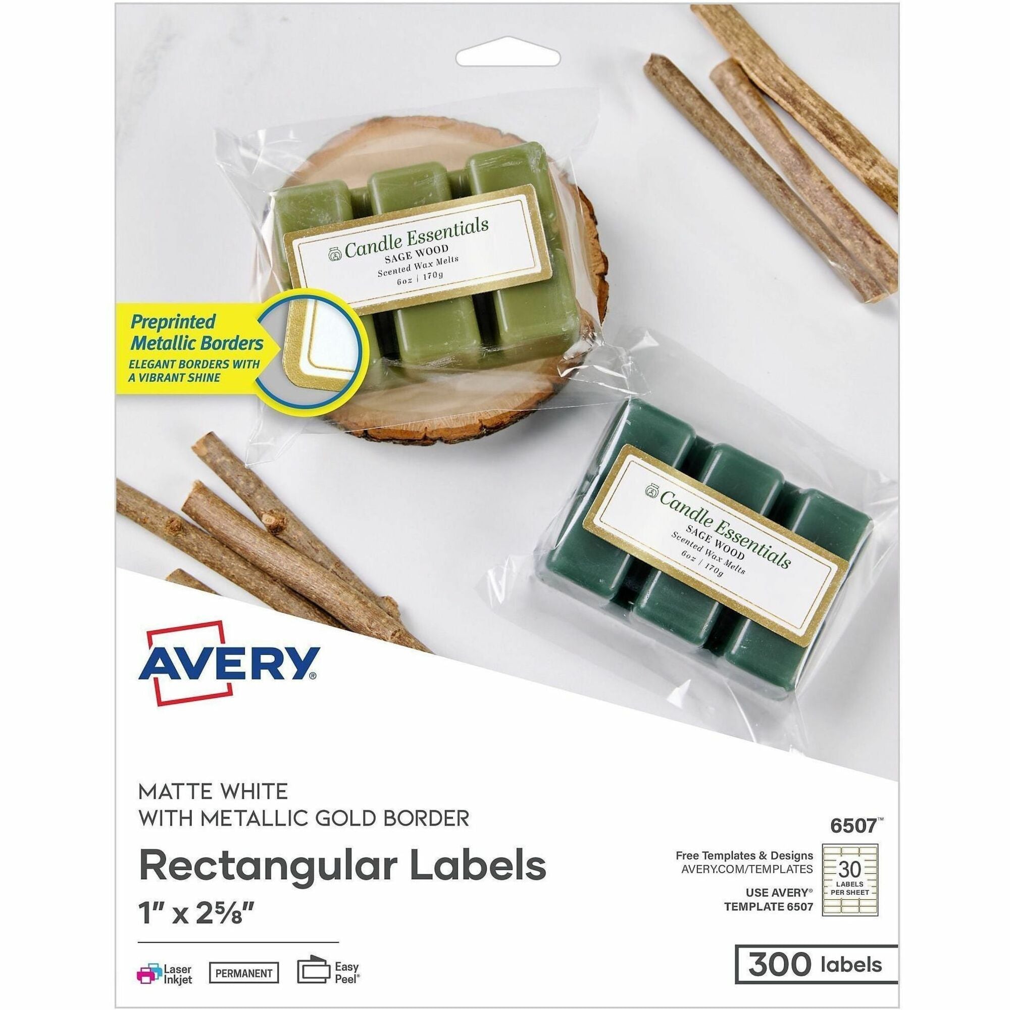 x 1" Width x 2 5/8" Length - Permanent Adhesive - Inkjet, Laser - Matte White - Metallic Gold Border - Reflective, Smudge-free - For Label Printer - 300 / Pack