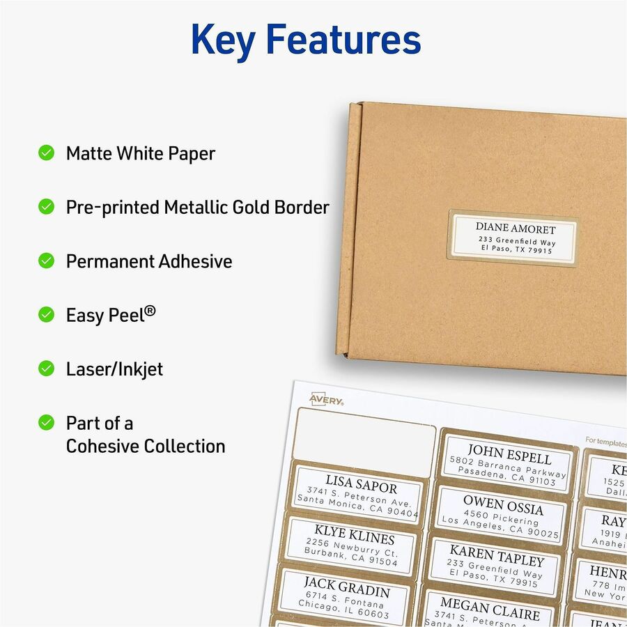x 1" Width x 2 5/8" Length - Permanent Adhesive - Inkjet, Laser - Matte White - Metallic Gold Border - Reflective, Smudge-free - For Label Printer - 300 / Pack