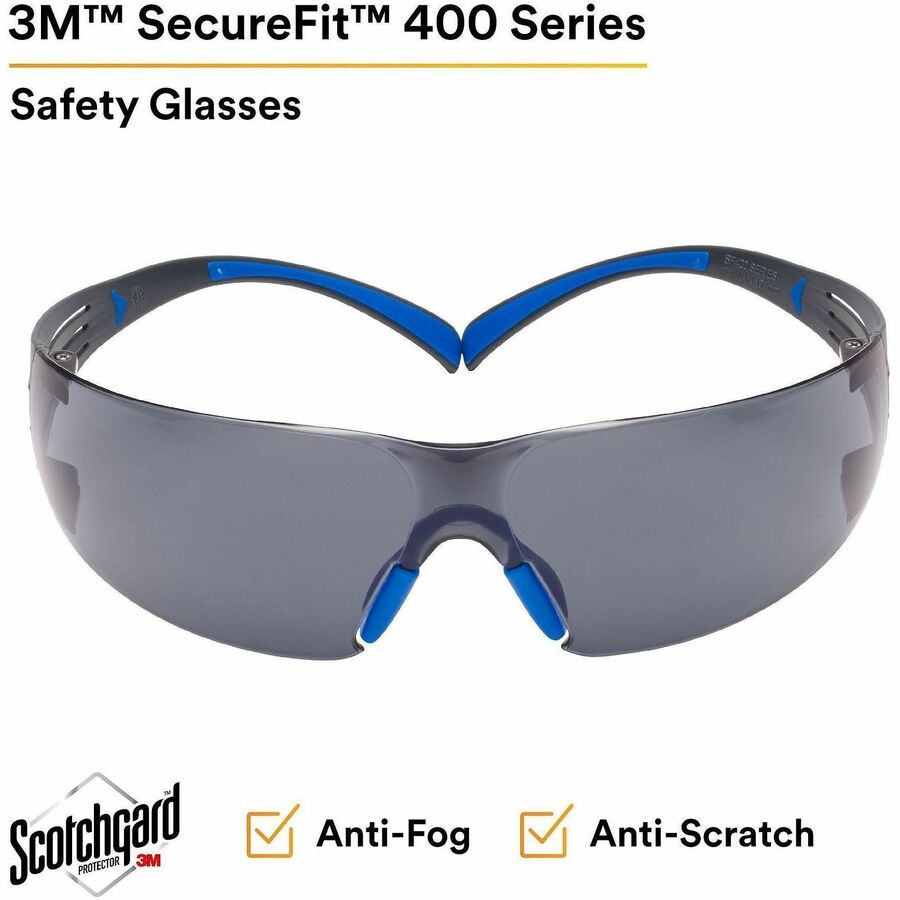 3M SecureFit Protective Eyewear, Gray Polycarbonate Lens, Blue/Gray Frame, Anti-fog, Impact Resistant, Lightweight, Adjustable Nose Pad, 1 Pair