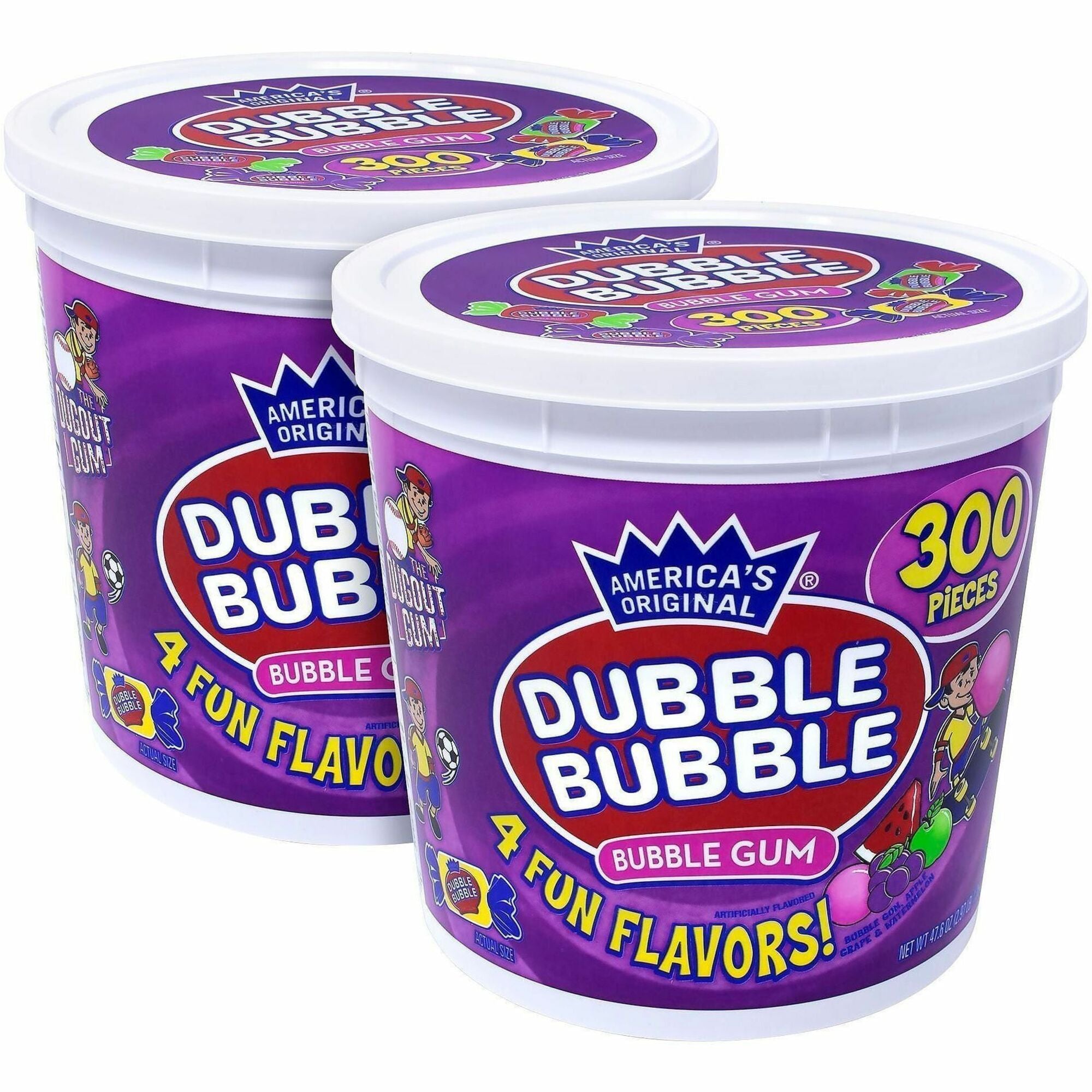 Bubble Gum, Watermelon, Grape, Sour Apple - Individually Wrapped - 0.16 oz - 300 /Tub - 2 / Carton