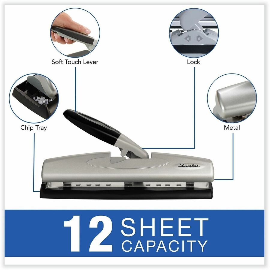 2, 3 Punch Head(s) - 12 Sheet of 20lb Paper - 9" , 32" Punch Size - Metal - Black