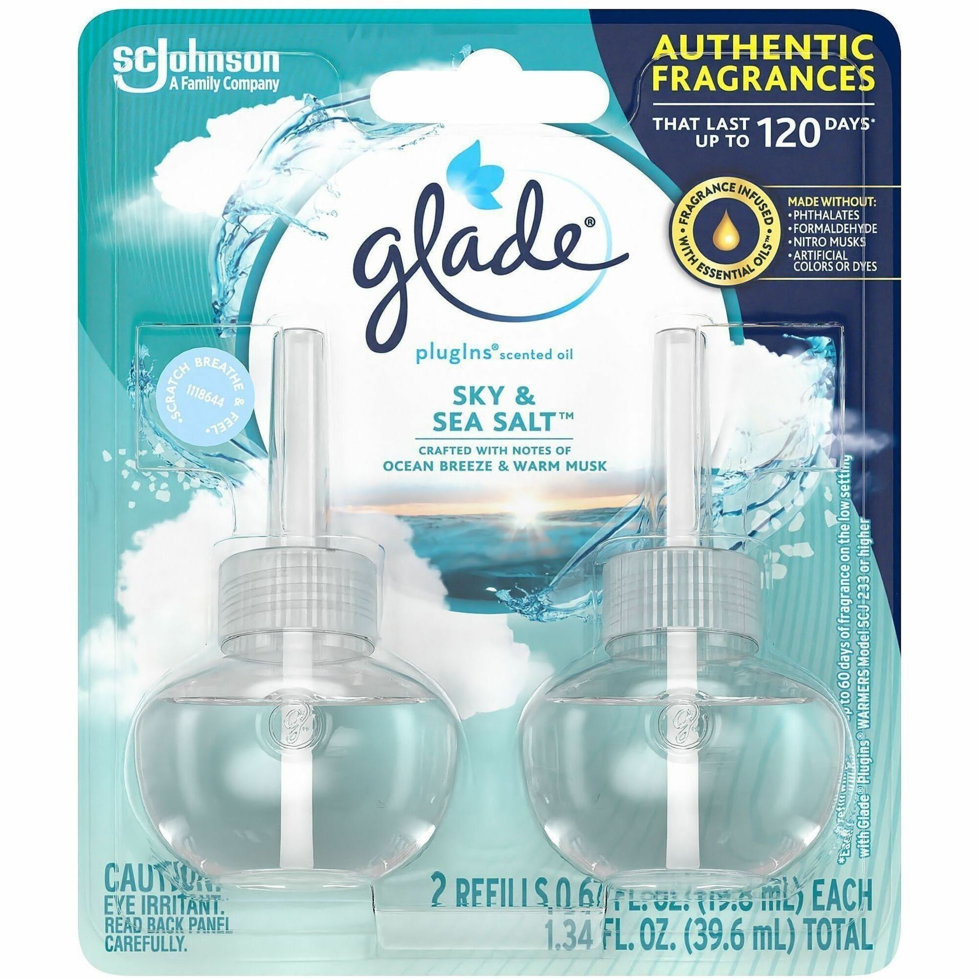 Glade PlugIns Refill, Sky & Sea Salt Scent, Oil, 0.6 fl oz, 60 Day, 550 Sq. ft. Coverage, Paraben-Free, Phthalate-Free, Nitro Musk Free, Formaldehyde-Free, Long Lasting, 2 Pack