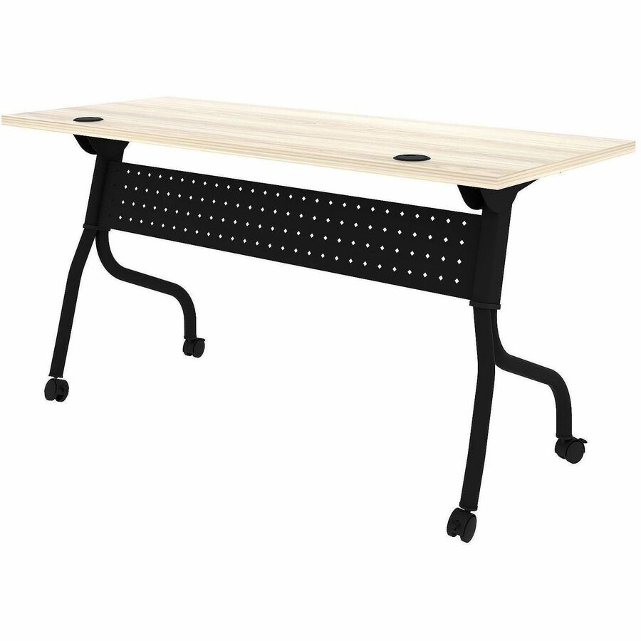 Lorell Modern Elm/Black Flip-Up Training Table, Melamine Top, Metal Four-Leg Base, 60"W x 23.60"D x 29.50"H, Foldable, Cord Management, 1 Each