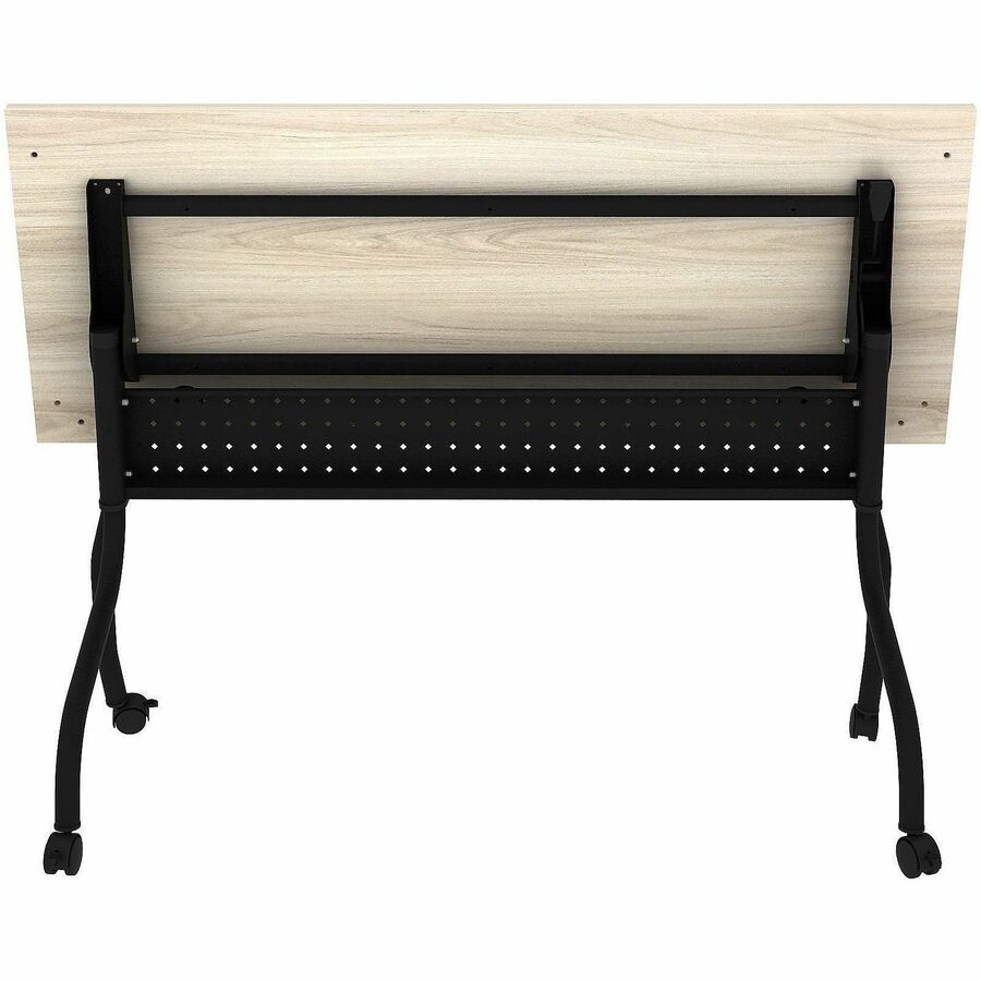 Lorell Modern Elm/Black Flip-Up Training Table, Melamine Top, Metal Four-Leg Base, 60"W x 23.60"D x 29.50"H, Foldable, Cord Management, 1 Each