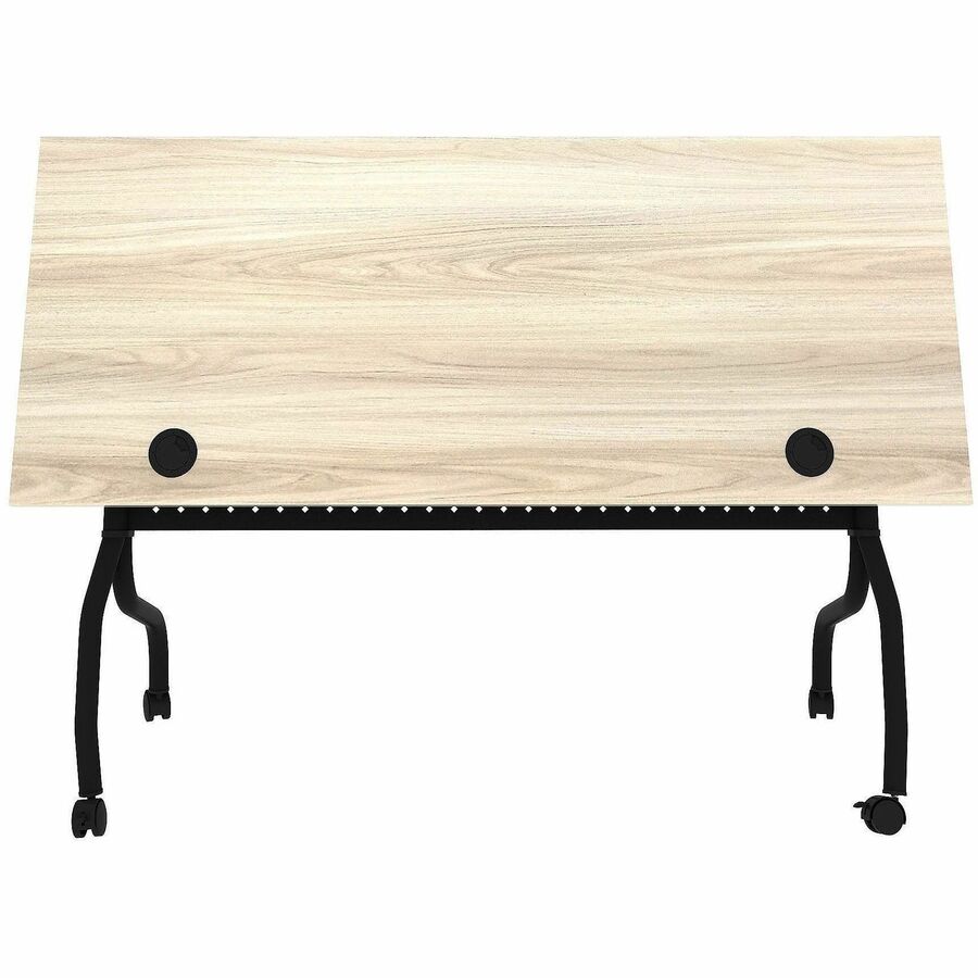 Lorell Modern Elm/Black Flip-Up Training Table, Melamine Top, Metal Four-Leg Base, 60"W x 23.60"D x 29.50"H, Foldable, Cord Management, 1 Each