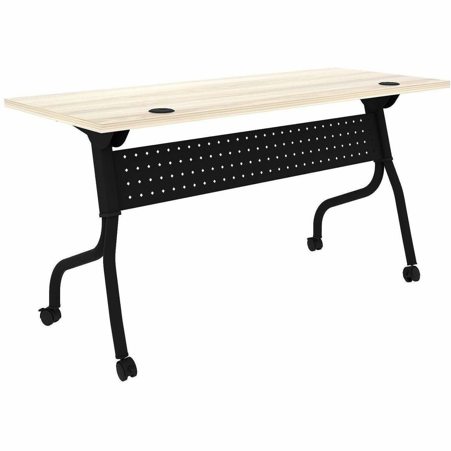 Lorell Modern Elm/Black Flip-Up Training Table, Melamine Top, Metal Four-Leg Base, 60"W x 23.60"D x 29.50"H, Foldable, Cord Management, 1 Each