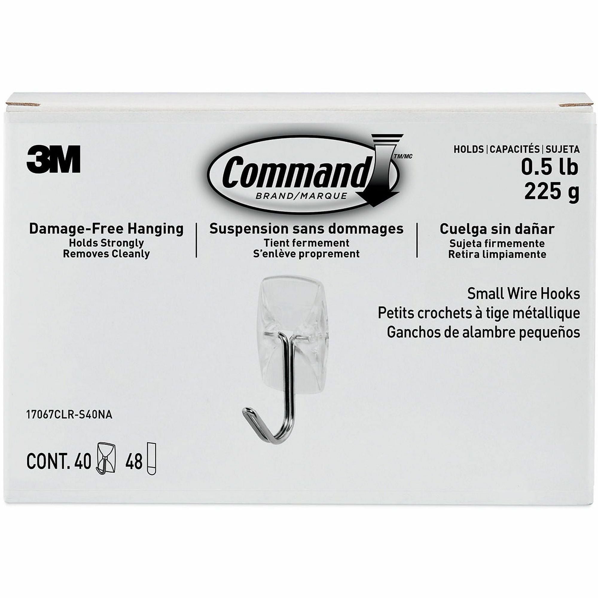 40 Hooks - 8 oz (226.8 g) Capacity - Reusable - 1.6" Height x 0.8" Width - Adhesive - Small - Wire Hook - for Painted Surface, Wood, Tile - Plastic, Metal - Clear, Transparent - 40 / Pack - TAA Compliant