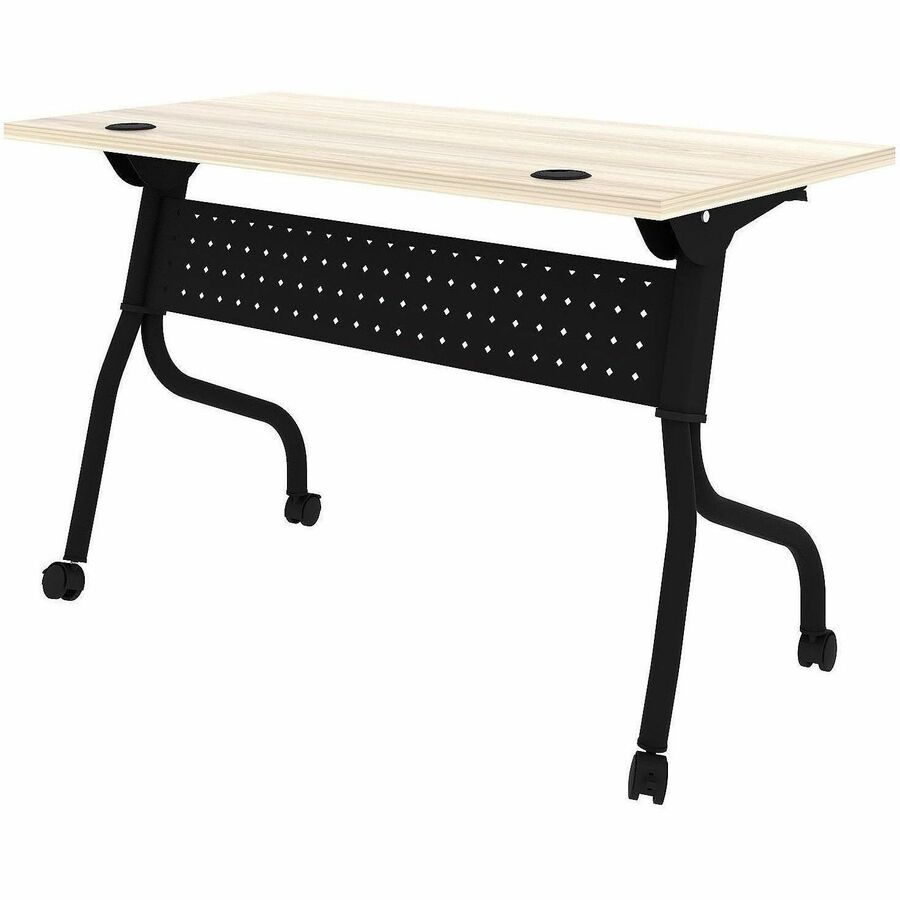 Lorell Modern Elm/Black Flip-Up Training Table, Melamine Top, Metal Four-Leg Base, 48"W x 23.60"D x 29.50"H, Foldable, Cord Management, 1 Each