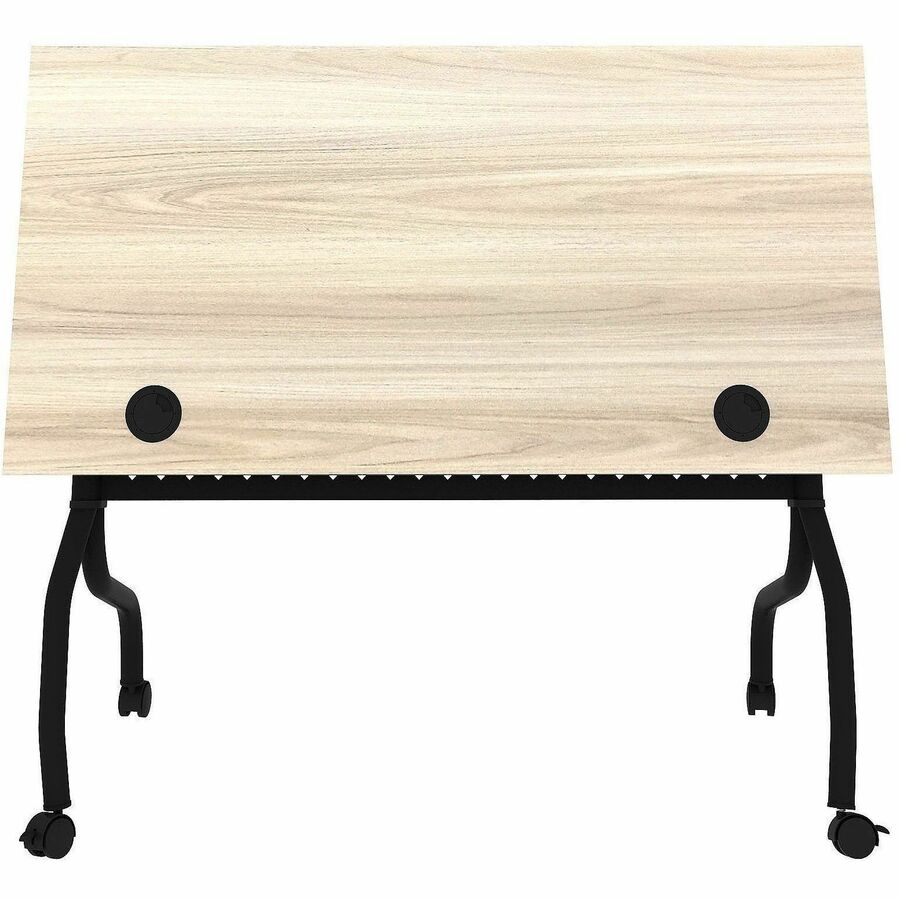 Lorell Modern Elm/Black Flip-Up Training Table, Melamine Top, Metal Four-Leg Base, 48"W x 23.60"D x 29.50"H, Foldable, Cord Management, 1 Each