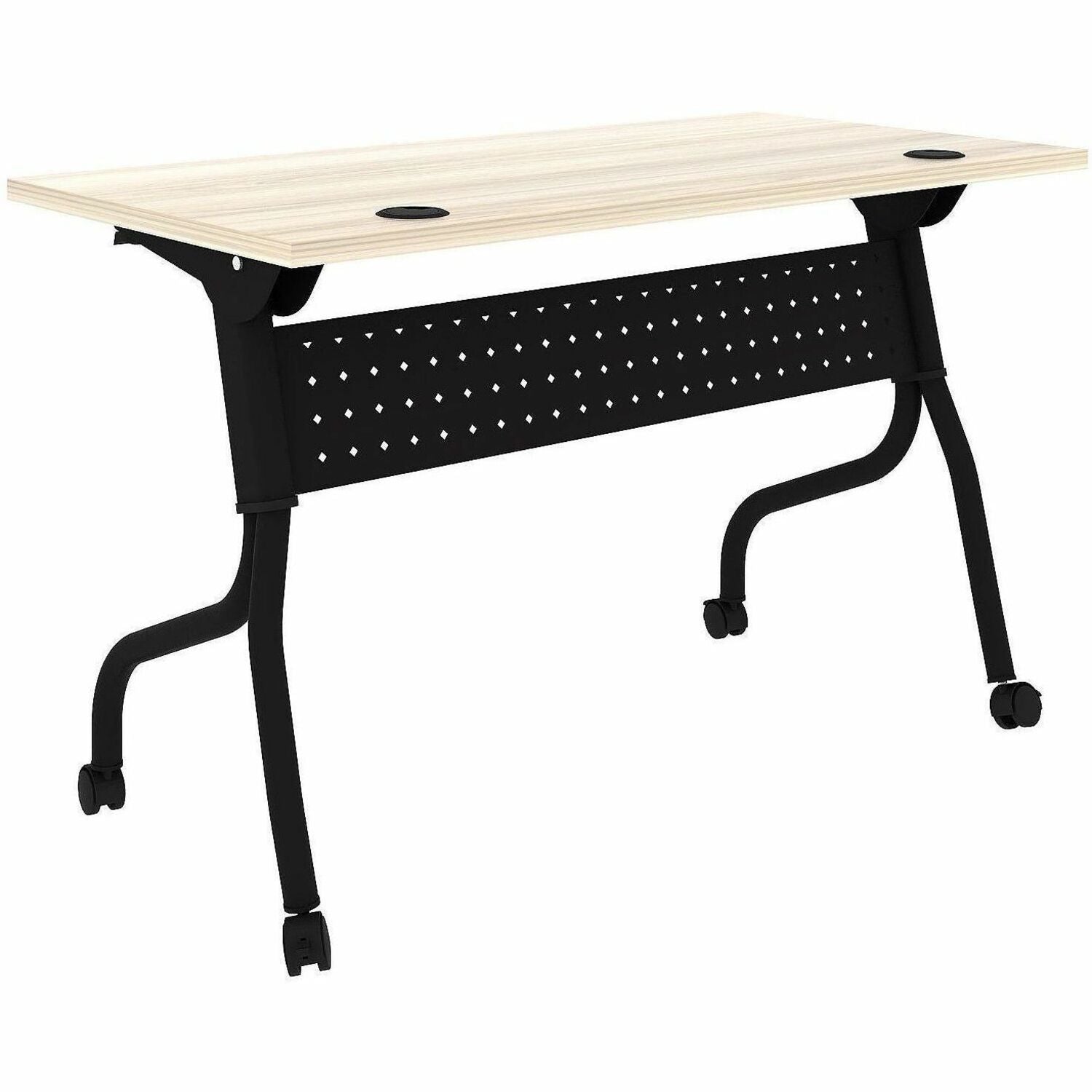 Lorell Modern Elm/Black Flip-Up Training Table, Melamine Top, Metal Four-Leg Base, 48"W x 23.60"D x 29.50"H, Foldable, Cord Management, 1 Each