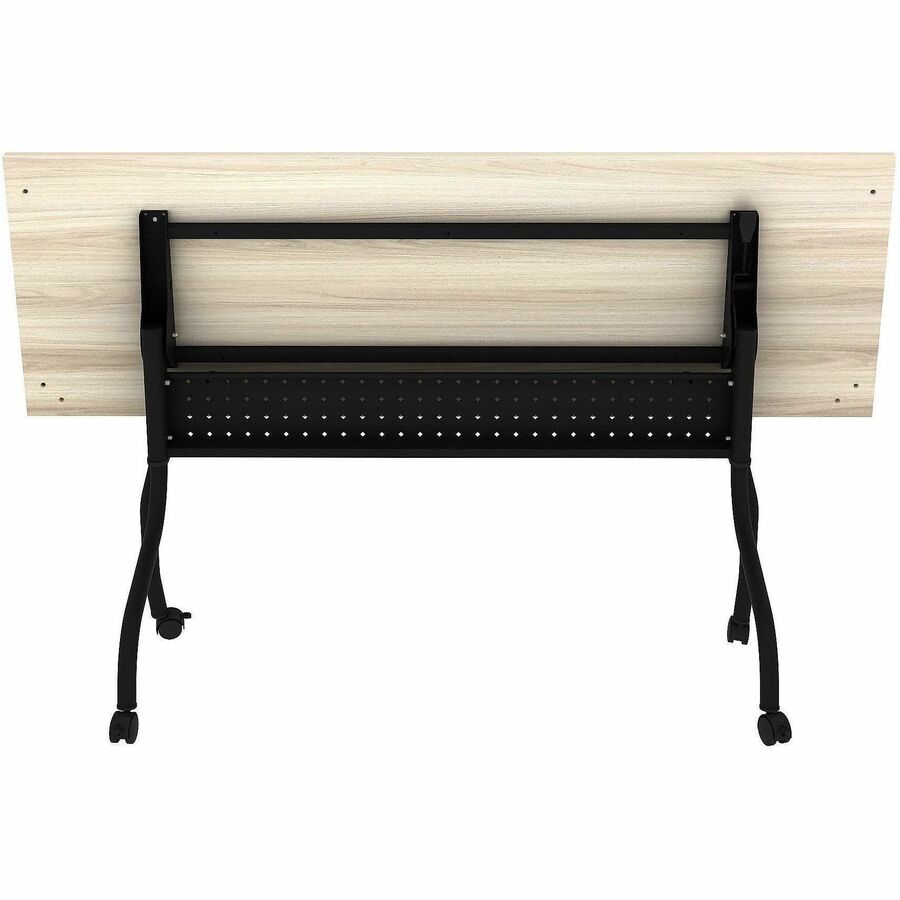 Lorell Modern Elm/Black Flip-Up Training Table, Melamine Top, Metal Four-Leg Base, 72"W x 23.60"D x 29.50"H, Foldable with Casters, 1 Each