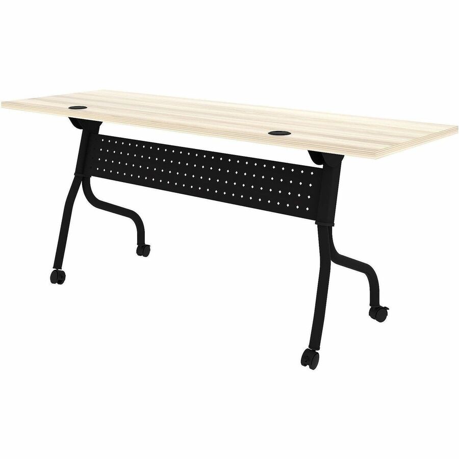 Lorell Modern Elm/Black Flip-Up Training Table, Melamine Top, Metal Four-Leg Base, 72"W x 23.60"D x 29.50"H, Foldable with Casters, 1 Each