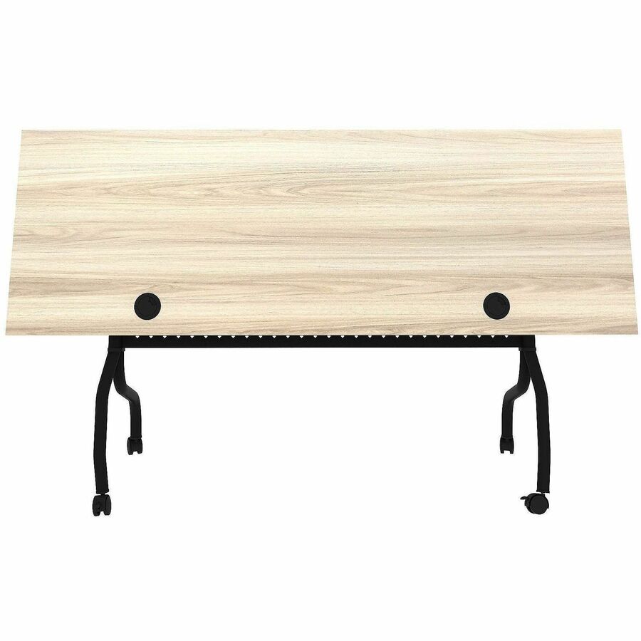 Lorell Modern Elm/Black Flip-Up Training Table, Melamine Top, Metal Four-Leg Base, 72"W x 23.60"D x 29.50"H, Foldable with Casters, 1 Each