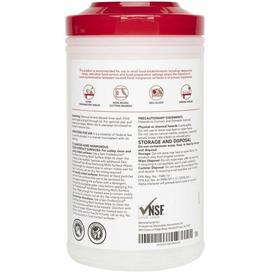 Sani Professional Sanitizing Wipes, 5" x 7.75", 6 per Carton