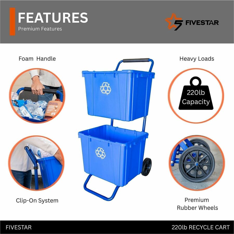 Five Star Products Recycling Cart for Bins, Steel, Blue, 400 lb Load Capacity, 1 Each