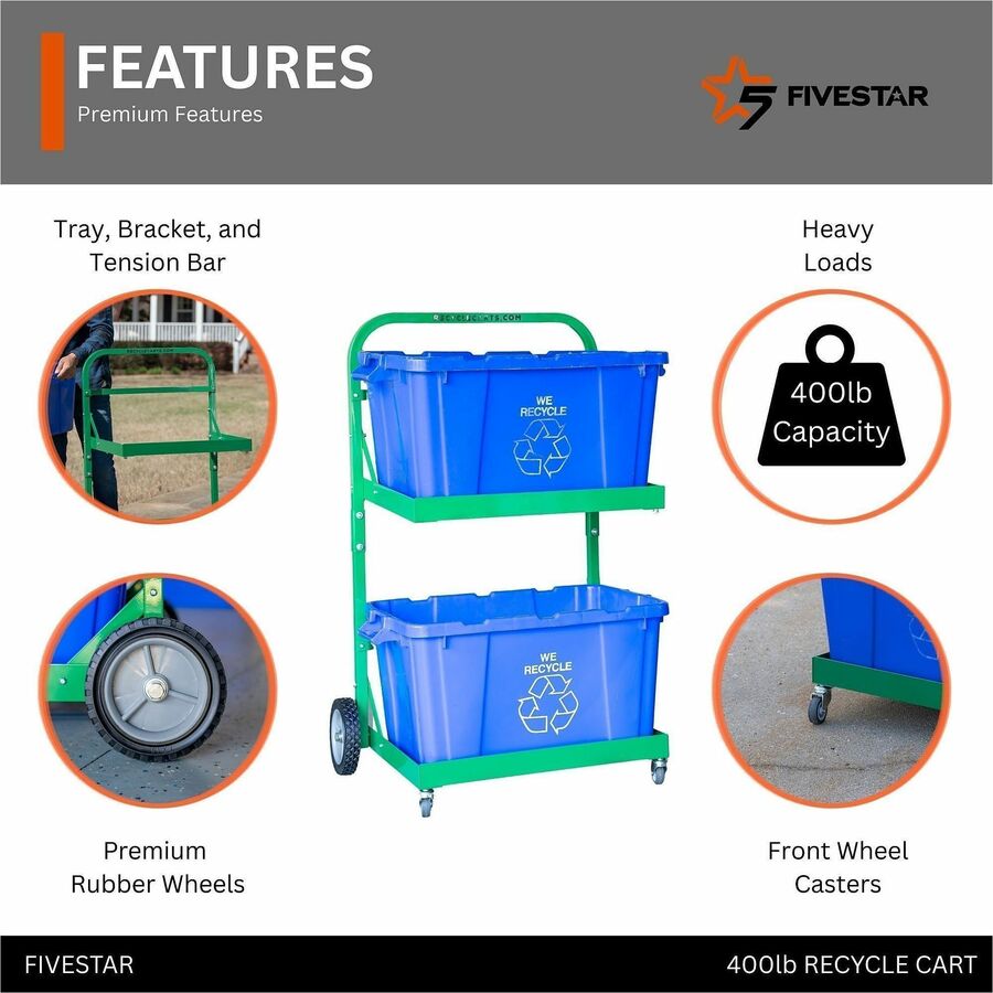 Five Star Products Recycling Cart for Bins, 220 lb Load Capacity, Aluminum, Green, 1 Each