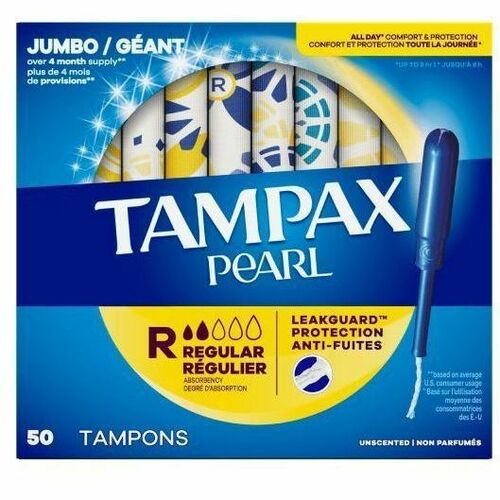 Tampax Pearl Regular Tampons, Plastic Applicator, Unscented, Anti-leak, Comfortable, Absorbent, 50/Box