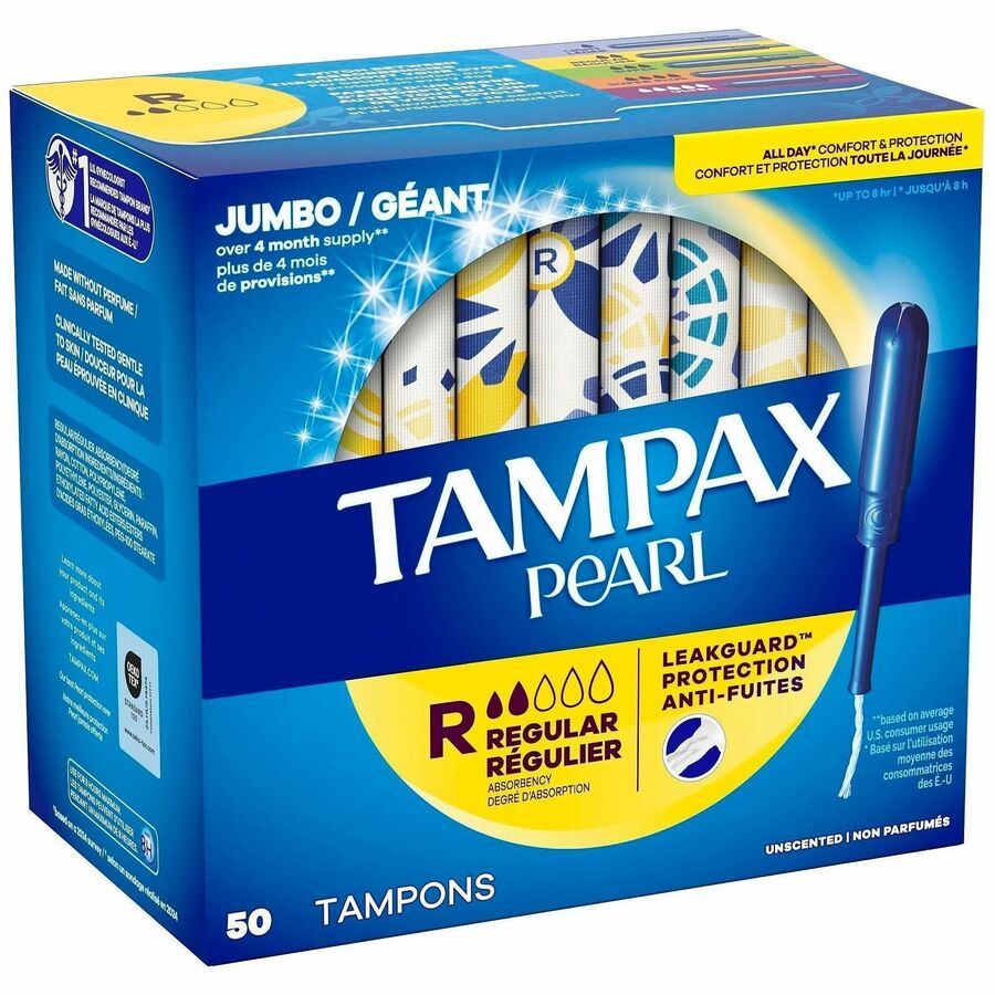 Tampax Pearl Regular Tampons, Plastic Applicator, Unscented, Anti-leak, Comfortable, Absorbent, 50/Box