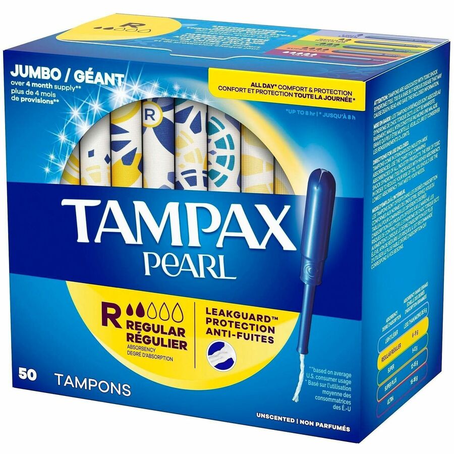 Tampax Pearl Regular Tampons, Plastic Applicator, Unscented, Anti-leak, Comfortable, Absorbent, 50/Box