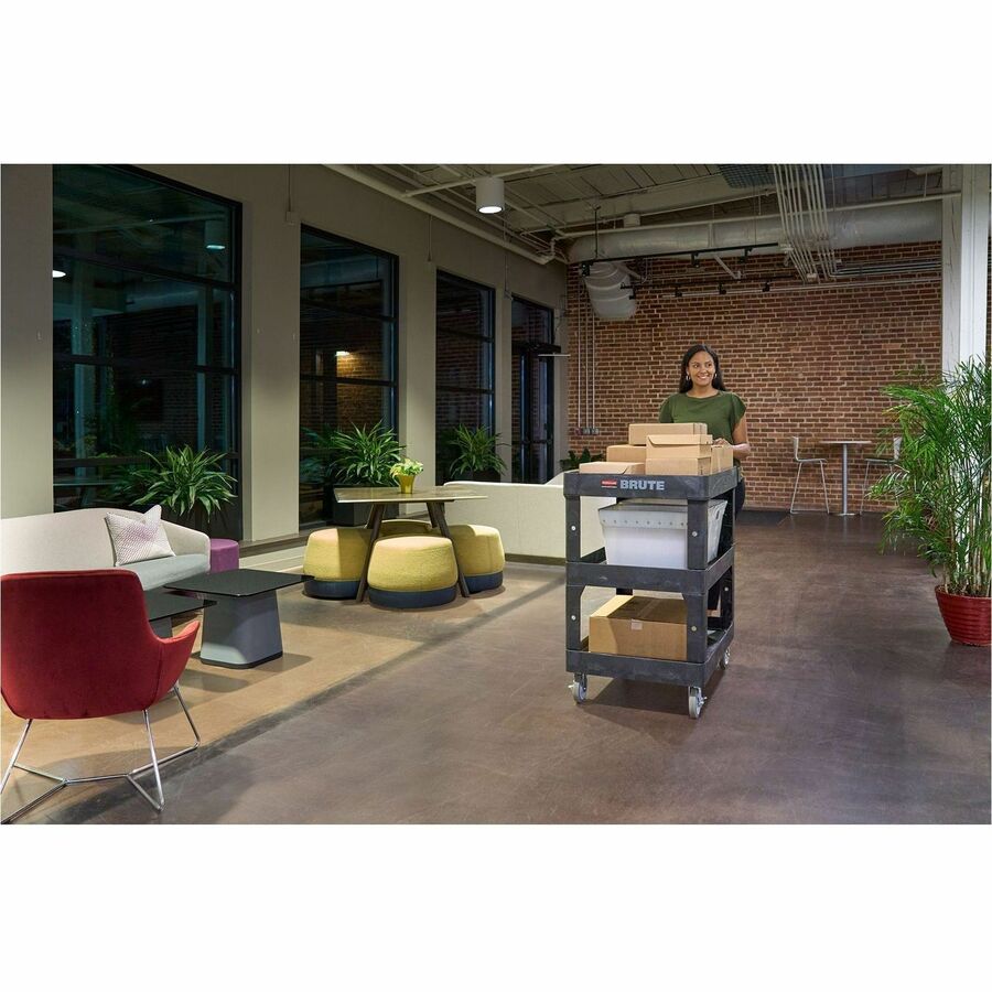 Rubbermaid Commercial Brute Utility Cart, 3 Shelf, 600 lb Load Capacity, 4 Casters, 5" Caster Size, Foam, 44" L x 25.24" W x 47" H, Black, 1 Each