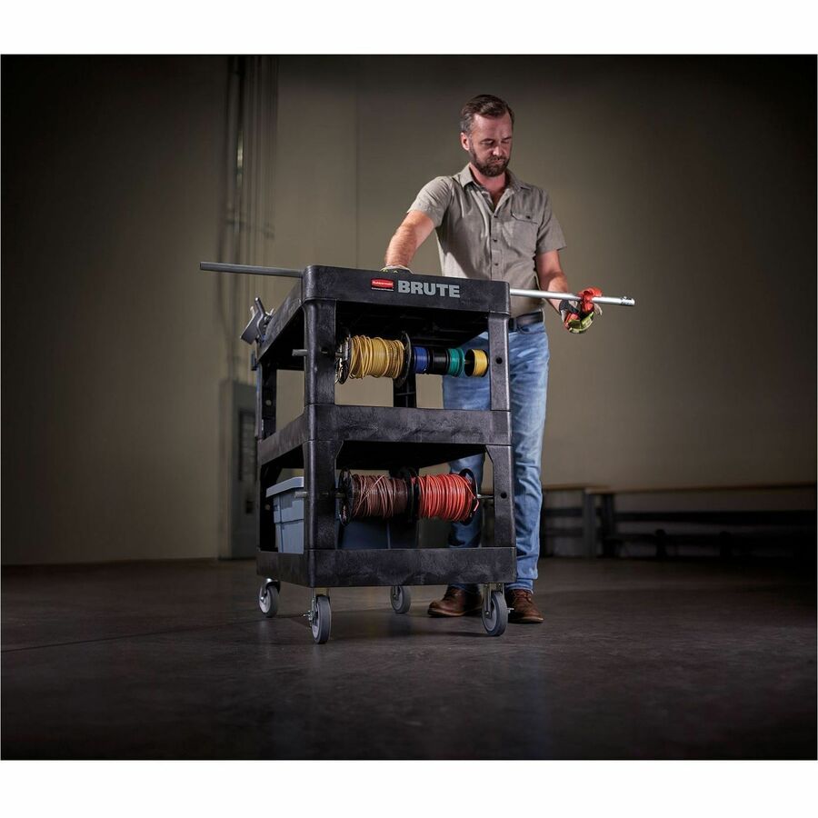 Rubbermaid Commercial Brute Utility Cart, 3 Shelf, 600 lb Load Capacity, 4 Casters, 5" Caster Size, Foam, 44" L x 25.24" W x 47" H, Black, 1 Each