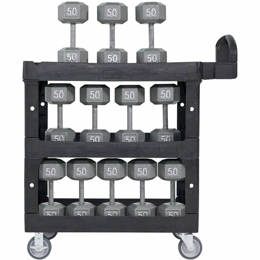 Rubbermaid Commercial Brute Utility Cart, 3 Shelf, 600 lb Load Capacity, 4 Casters, 5" Caster Size, Foam, 44" L x 25.24" W x 47" H, Black, 1 Each