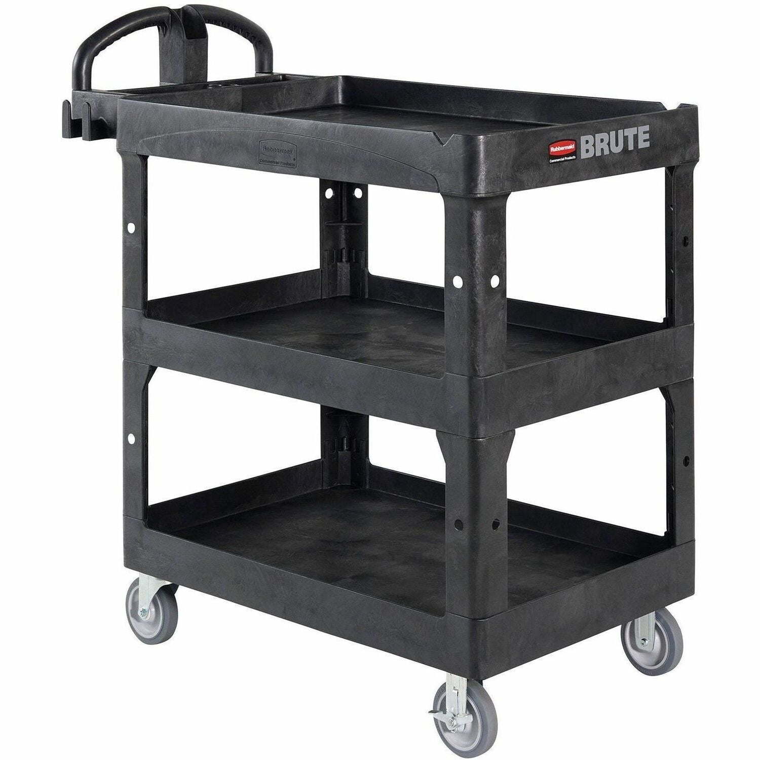 Rubbermaid Commercial Brute Utility Cart, 3 Shelf, 600 lb Load Capacity, 4 Casters, 5" Caster Size, Foam, 44" L x 25.24" W x 47" H, Black, 1 Each