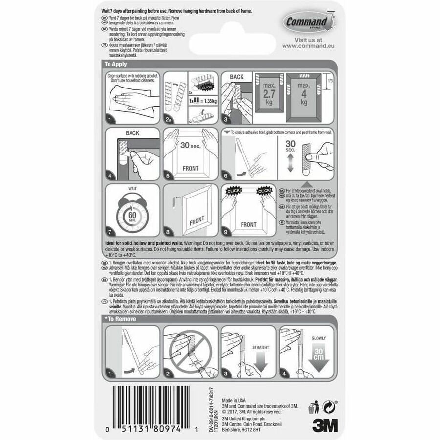 6 lb (2.72 kg) Capacity - 0.7" Width x 2.8" Length - Adhesive - Medium - for Pictures, Decoration, Painted Surface, Wood, Tile, Poster, Frame - White - 50 / Carton