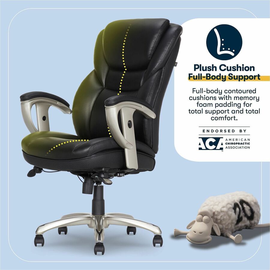 Serta Executive Chair, High Back, Black, Memory Foam & Bonded Leather, Adjustable Arms, Tilt Lock, Heavy-Duty Base, 1 Each