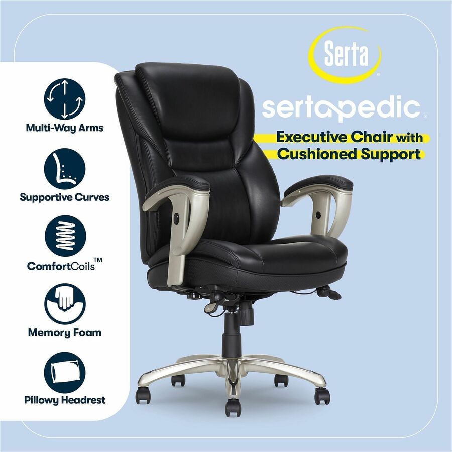 Serta Executive Chair, High Back, Black, Memory Foam & Bonded Leather, Adjustable Arms, Tilt Lock, Heavy-Duty Base, 1 Each