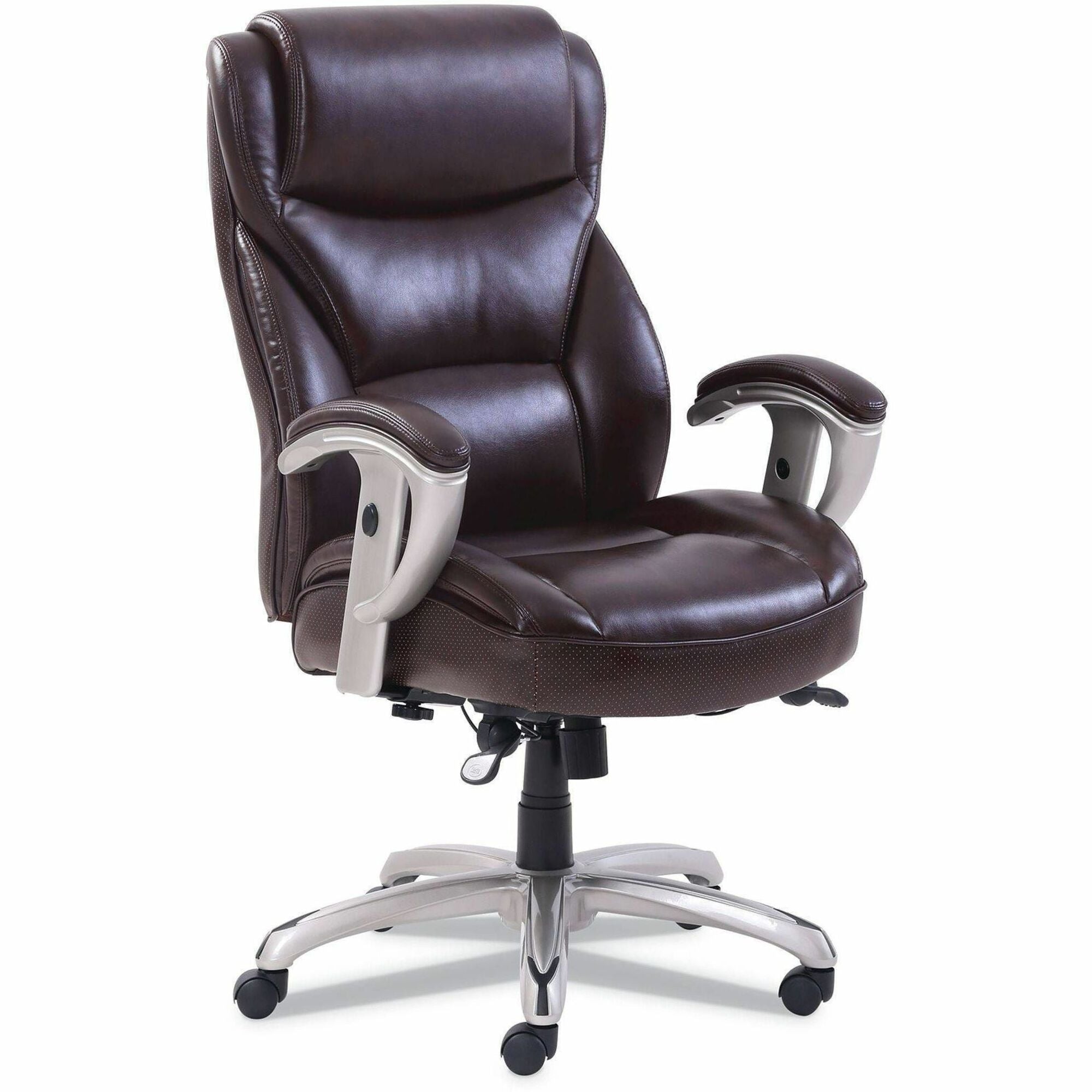 Serta High Back Task Chair, Brown Seat and Back, Black Base, MDF/Memory Foam/Bonded Leather, Adjustable Arms, Tilt Mechanism, 1 Each