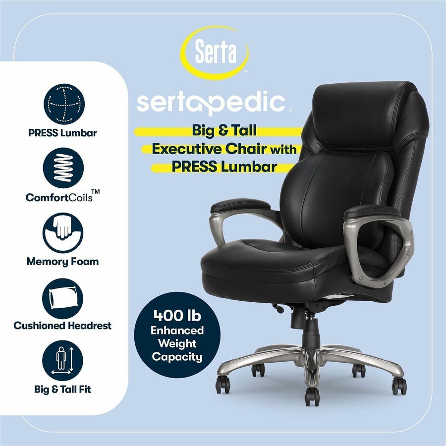Serta Executive Chair, High Back, Black Memory Foam & Bonded Leather, 5-Star Nylon Base, Adjustable Height, 1 Each